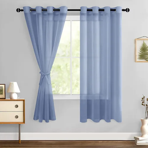 Miniatura 36 de Hiasan - Cortinas traslúcidas de gasa cortas semitransparentes con ojales y alzapaños filtrantes de luz para ventana, dormitorio, baño, 2 paneles