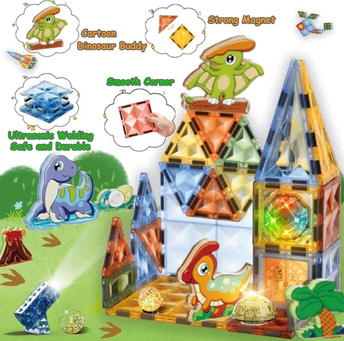 Miniatura 2 de BINZKBB 110 azulejos magnéticos, bloques de construcción magnéticos iluminados en 3D para niños, juguetes creativos de dinosaurios, juguetes
