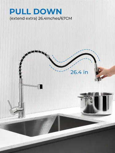 Miniatura 3 de WEWE Grifo de fregadero de cocina, grifos de cocina con rociador desplegable de acero inoxidable de una sola manija un solo agujero níquel cepillado