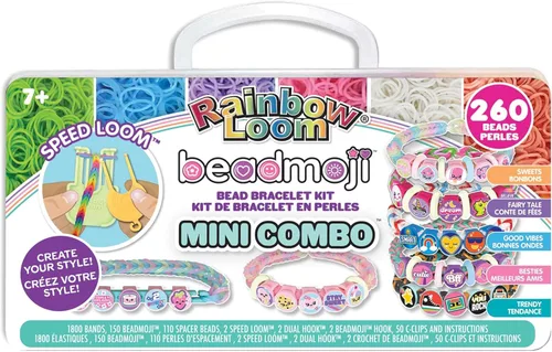 Rainbow Loom: Beadmoji Mini Combo - Kit de pulsera DIY de banda de goma y cuentas - Incluye 1800 bandas y 260 cuentas, diseño y creación, para