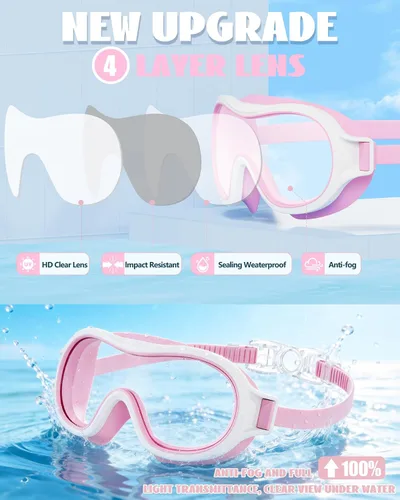 Miniatura 8 de Aegend Paquete de 2 gafas de natación para niños de 3 a 15 años, antivaho, anti-UV, visión amplia, impermeables, sin fugas, para niños y niñas
