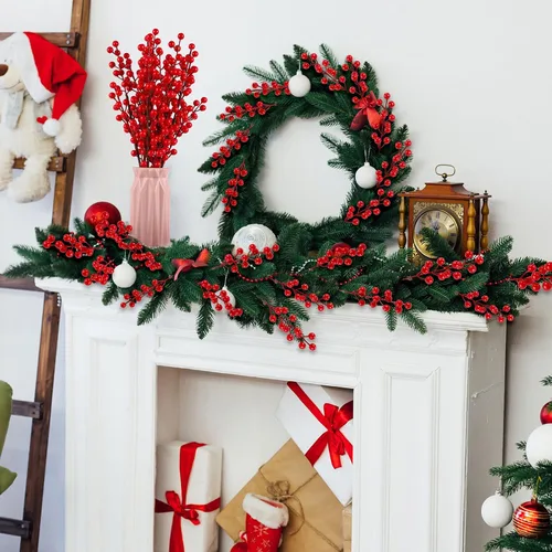 Miniatura 5 de 12 tallos de bayas de Navidad, púas de bayas artificiales de 20.5 pulgadas, púas de árbol de Navidad y aerosoles, ramas de bayas de acebo para Dorado