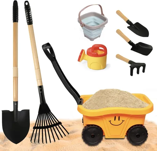 Miniatura 8 de Pala para niños, rastrillo para hojas, pala, azada y escoba, 5 piezas de herramientas de jardín para niños, jardín al aire libre, juguete de regalo