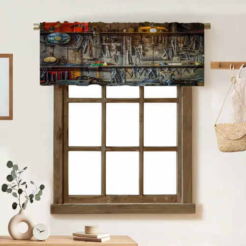 Cortina de cenefa estilo vintage para colgar en la pared en un cobertizo de herramientas, equipo de fijación, cenefa con bolsillo para barra, 1