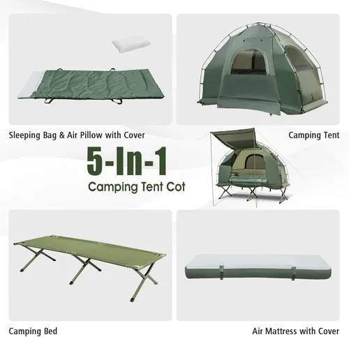 Miniatura 3 de Tangkula Combo de Catre de Tienda 5 en 1 con Toldo, Colchón de Aire, Saco de Dormir, Almohada, Tienda Individual Elevada con Bolsa de Transporte
