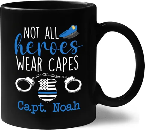 Miniatura 11 de Taza de café personalizada con nombre de la policía con nombre de la policía, con línea azul fina, 11 onzas y 15 onzas Taza negra de la bandera