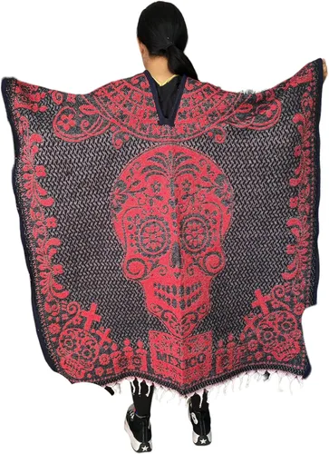 Miniatura 2 de Negro y rojo Poncho Catrina Poncho CALENDARIO Azteca Poncho tradicional Hecho en México Día de la Muerte Unisex Talla única Dia DE Muertos 2 DE