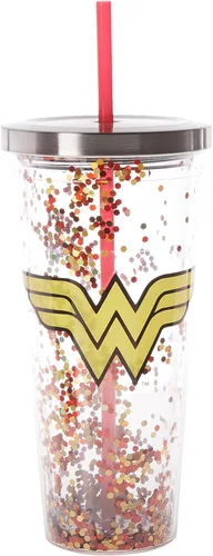 Spoontiques - 21337 Wonder Woman Logo Glitter Cup w/Pajita, talla única, rojo y dorado, 20 onzas