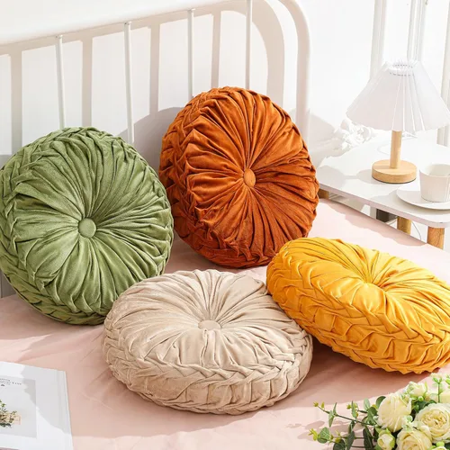 Miniatura 27 de Drydiet 3 Piezas Almohadas Redondas Decorativas de Terciopelo Plisado Almohadas de 15'' de Diámetro Acento Calabaza Boho Cojín de Silla para Sofá