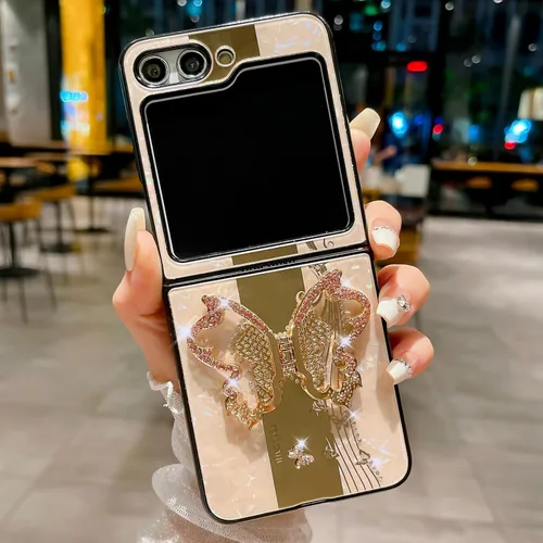 Omio - Funda diseñada para Samsung Galaxy Z Flip 5 con soporte, bonito diseño de mariposa 3D con purpurina brillante, diseño de mariposa 3D, TPU