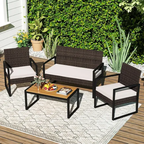 Miniatura 2 de Tangkula Juego de muebles de patio de 4 piezas, juego de conversación de ratán para exteriores con sillas acolchadas y mesa de centro de plástico