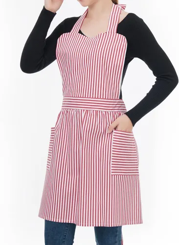 Miniatura 3 de Love Potato Delantales de algodón para mujer con bolsillos, delantales de rayas suaves, perfectos para cocina, hornear y jardinería Rojo