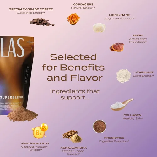 Miniatura 3 de Atlas+ - Supermezcla de café con leche y hongos – Café premium con colágeno, probióticos, D3 y B12, melena de león, Reishi, Cordyceps, Coco