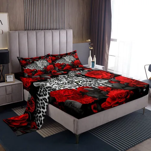 Miniatura 15 de Erosebridal Sábanas de cama de guepardo con rosa roja, juego de sábanas de bolsillo profundo con estampado de leopardo y gato, sábana bajera