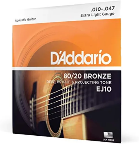 D'Addario Cuerdas para guitarra acústica, bronce 80/20, EJ10, calibre extra ligero 10-47, juego de 6 cuerdas, paquete de 1