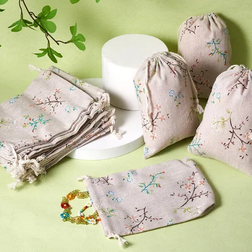 Miniatura 4 de KISSITTY 50 bolsas con cordón impreso con patrón de flores, bolsas de embalaje de regalo, bolsas de almacenamiento de tela para regalos de joyería