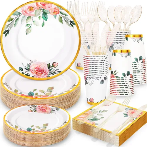 Juego de 350 platos de papel floral, platos desechables con borde dorado para 50 invitados, suministros de fiesta para adultos, jardín, fiesta de