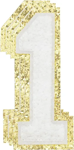 Miniatura 145 de 3 parches de números de chenilla negra, tamaño grande de 4-1/2" parches de números para planchar, parches universitarios para ropa, 8" Borde oro rosa