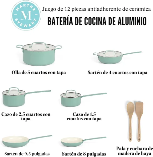 Miniatura 2 de Martha Stewart Emmeline - Juego de ollas y sartenes de 12 piezas de aluminio con interior de cerámica antiadherente libre de PFA, esmaltado pesado
