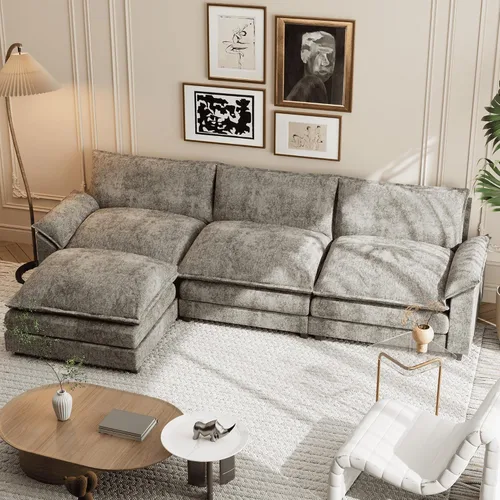 Miniatura 9 de Shahoo Sofá modular modular en forma de L de tela de felpilla con esponjas suaves y de alto apoyo y otomana extraíble, cómodo mueble tapizado