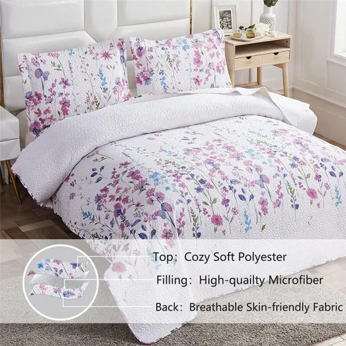 Miniatura 3 de Juego de cama de verano ligero y delgado con diseño floral de tamaño Queen/Full, conjunto de colcha y cubrecama botánico con flores lila