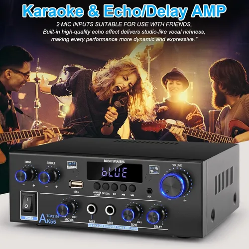 Miniatura 6 de Romica AK55 Amplificador de audio estéreo, 2 canales 500 W Bluetooth 5.0 Receptores estéreo de audio doméstico con FM, Echo, AUX, USB, SD, MIC