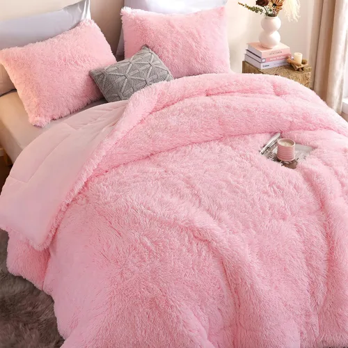 Miniatura 8 de Smoofy Juego de edredón esponjoso de tamaño Full, juego de edredón rosa de piel sintética, juego de ropa de cama mullido de lujo, juego de ropa