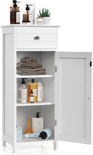 Miniatura 10 de HAPPYGRILL Armario de piso de baño, organizador de armario de almacenamiento de piso de una sola puerta con cajón y estantes ajustables de 3