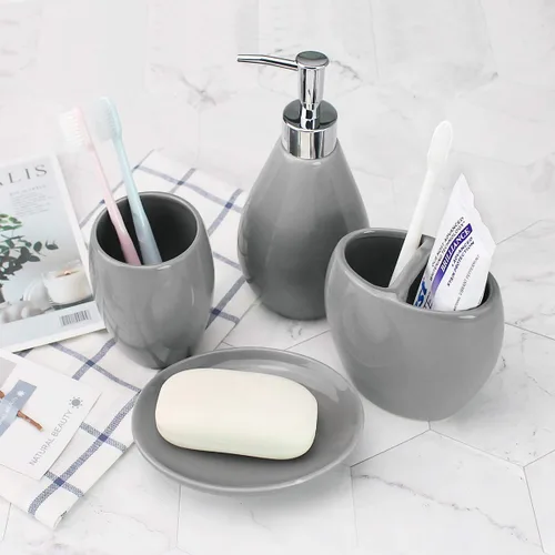 Miniatura 6 de Juego de accesorios de baño de 4 piezas de cerámica, incluye dispensador de jabón, soporte para cepillo de dientes, vaso, jabonera, conjuntos