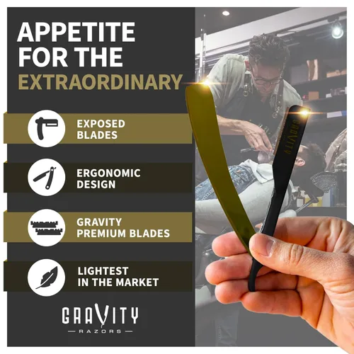 Miniatura 3 de Kit de cuchilla de afeitar recta profesional GRAVITY RAZORS – Ultra Exposición, incluye 10 cuchillas premium, 2mm expuestas, color oro y negro