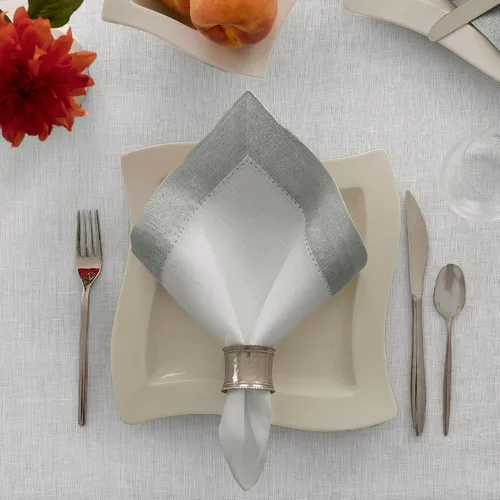 Miniatura 14 de Elrene Home Fashions Villeroy and Boch New Wave - Mantel de tela de lino con borde metálico, redondo, 90 pulgadas, blanco/plateado