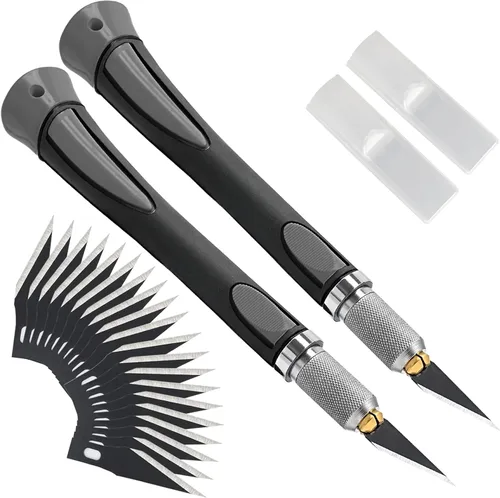 Miniatura 10 de FOSHIO Juego de 2 cuchillos de precisión para manualidades con 20 cuchillas de repuesto, mango ergonómico antideslizante con cubierta protectora