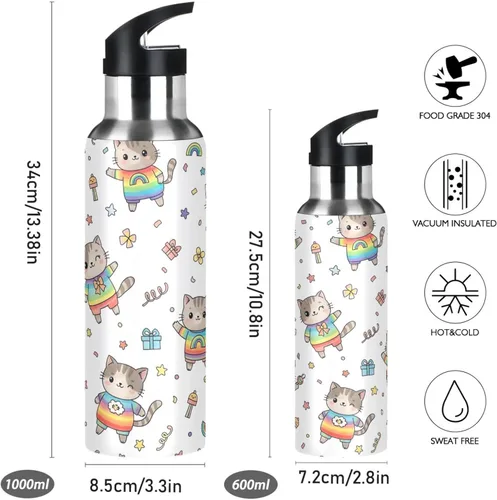 Miniatura 2 de Cute Cartoon Cats Rainbow Insulated Stainless Steel Water Bottle with Straw 20 Oz, BPA-Free Sports Water Bottle with Straw Leakproof Water Bottles