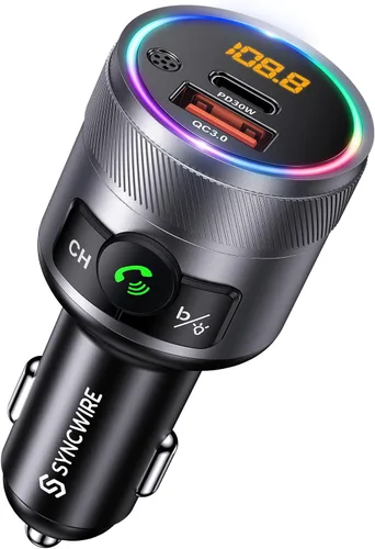 Miniatura 8 de Syncwire Transmisor FM Bluetooth 5.4 para coche, 38 W PD y QC3.0 Dual USB Carga Bluetooth Adaptador de coche Micrófono y sonido de graves MP3 Negro