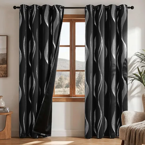 Deconovo Paneles de cortina opacas con patrón de ondas plateadas, cortinas para sala de estar, ojales blancos, juego de 2 paneles, 52 pulgadas de