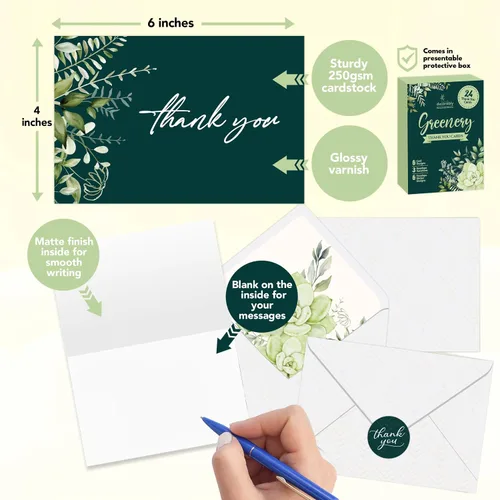 Miniatura 3 de Decorably Paquete de 24 tarjetas de agradecimiento verdes de 6 x 4 pulgadas con sobres y calcomanías, 6 diseños elegantes para amigos, familiares