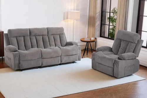 Miniatura 15 de Juego de sofá reclinable manual, 3 piezas con bolsillos laterales, portavasos para cine en casa, oficina (azul, sofá biplaza+silla)