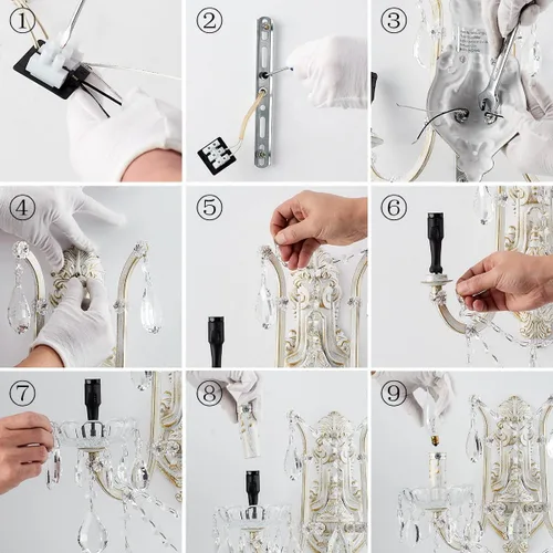 Miniatura 9 de YLONG-ZS Aplique de pared de cristal de campo francés, 2 luces envejecidas estilo vela de oro blanco con cristales de lágrima, decoración