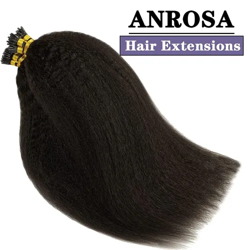 Miniatura 6 de Anrosa Extensiones de cabello humano con punta en I, cabello liso y rizado, 12 pulgadas, negro natural, extensiones de cabello Itip, cabello humano