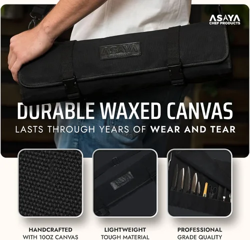 Miniatura 3 de Asaya - Bolsa enrollable de lona para cuchillos de chef - 10 ranuras para cuchillos y un gran bolsillo con cremallera - Funda duradera de lona