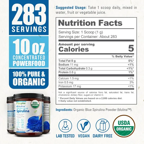 Miniatura 3 de biophix Blue Spirulina en polvo orgánico Blulina 10 onzas – Algas espirulina orgánica en polvo 283 porciones – Suplemento superalimenticio