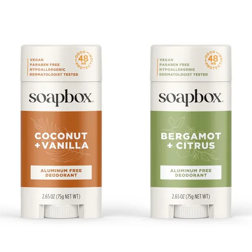 Miniatura 9 de Soapbox Desodorante natural sin aluminio, aroma a coco y vainilla, no tóxico y vegano para uso diario, ingredientes limpios libres de productos