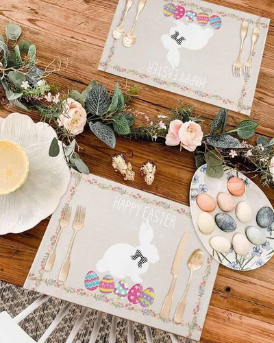 Miniatura 4 de Juego de 4 manteles individuales con diseño de conejo de Pascua para decoración de mesa de Pascua, huevos de Pascua para bodas, fiestas, cocina