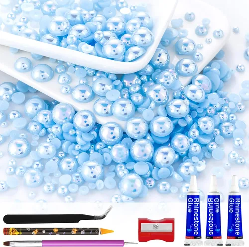 Miniatura 65 de 60g de Perlas Acuamarina Dorada con Diamantes de Imitación para Manualidades Tamaño Mixto 3mm-10mm Color AB Redondas Perlas Medias Planas Conjunto