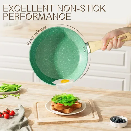 Miniatura 3 de Innerwell Sartén antiadherente de 9.5 pulgadas, de aluminio, no tóxica, libre de PTFE y PFOA, adecuada para todos los tipos de estufa, fácil de Verde