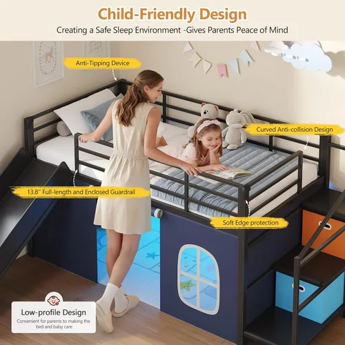 Miniatura 6 de DICTAC Cama alta baja con tobogán, escalera de almacenamiento y luces LED, cama alta de metal tamaño individual con espacio de juego debajo
