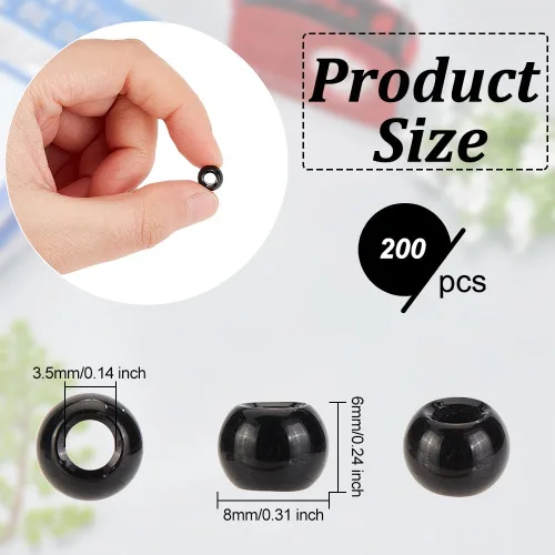 Miniatura 2 de OLYCRAFT 200 cuentas de vidrio negro de 0.316 x 0.236 pulgadas con agujero de 0.138 pulgadas (0.138 in), cuentas espaciadoras redondas de cristal