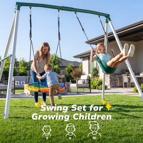 Miniatura 7 de Hapfan Juego de columpios de 7.5 pies de alto para patio trasero, juego de columpio de metal resistente de 500 libras para niños y adultos con Verde