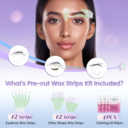 Miniatura 4 de Kit de depilación facial - 24 tiras de cera fría, 4 toallitas de aceite calmante para tipos de piel sensible, mujeres