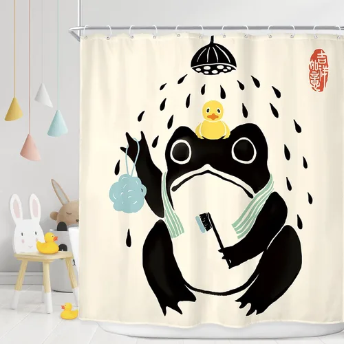 Miniatura 7 de Juego Divertido de Cortina de Rana Retro para Ducha, Juego de Baño 48x71 Pulgadas, Estilo Asiático Lindo, Arte Japonés Tradicional de Pato de Goma